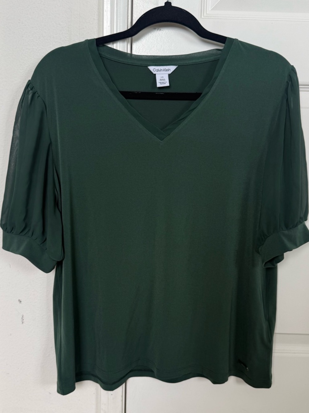 Calvin Klein Dark Green V-Neck Short Puff Sleeve Women's Tee